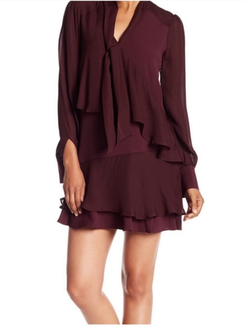 Parker Silk Burgundy Tie-Neck Mini Dress Size Med Long Sleeve Ruffle Tiered Hem